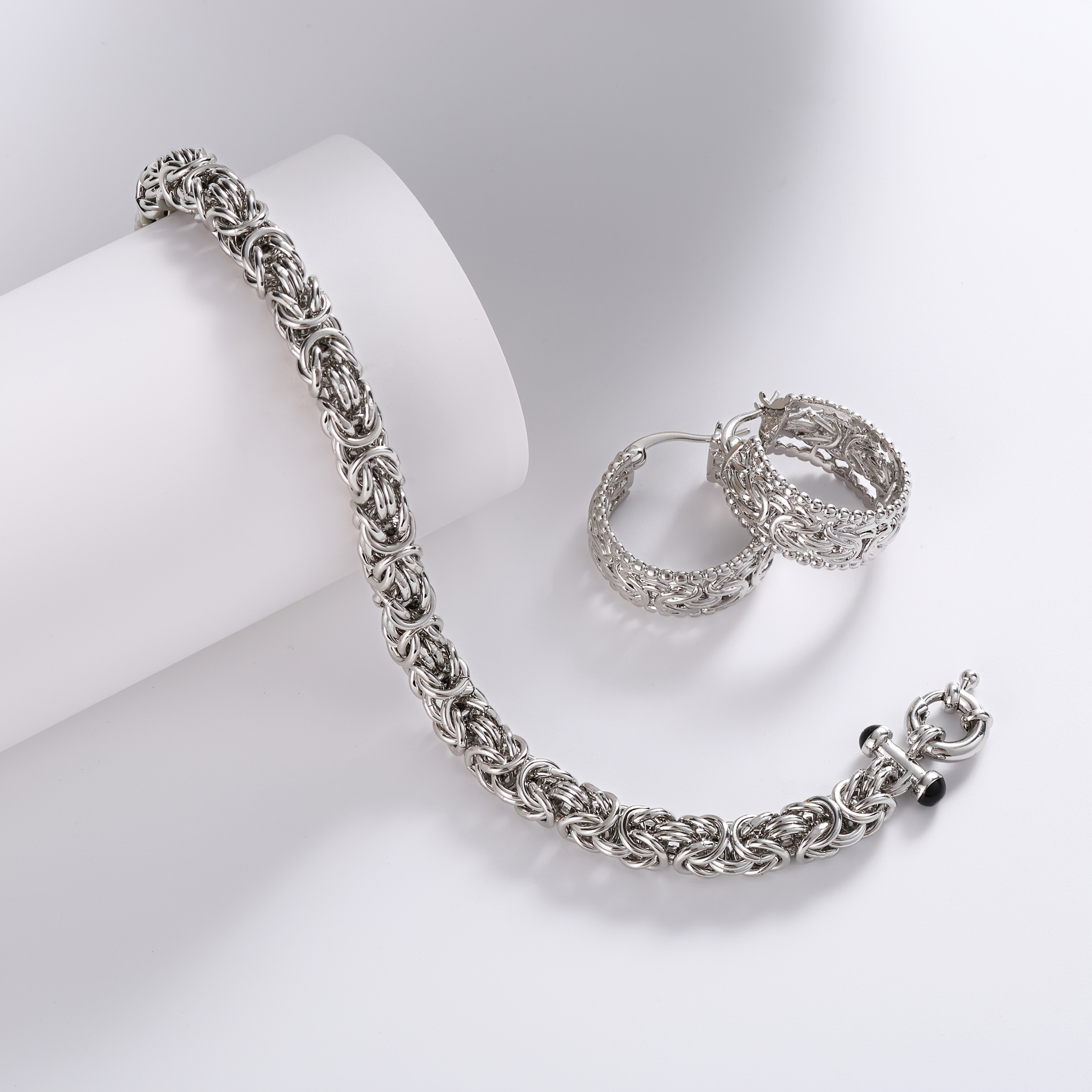 Women's 925 Sterling Silver Heavy Woven Bangle & Hoop Earrings Set