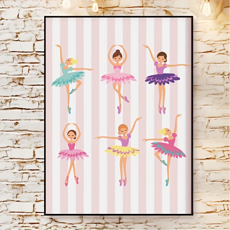 E-shop 2D Flach, 1 Stück 30,48x40,64 cm Mädchen Ballett Wandkunst - Rosa & Weiß Gestreifte Ballerina mit 6 Niedlichen Tänzerinnen, Ungerahmtes