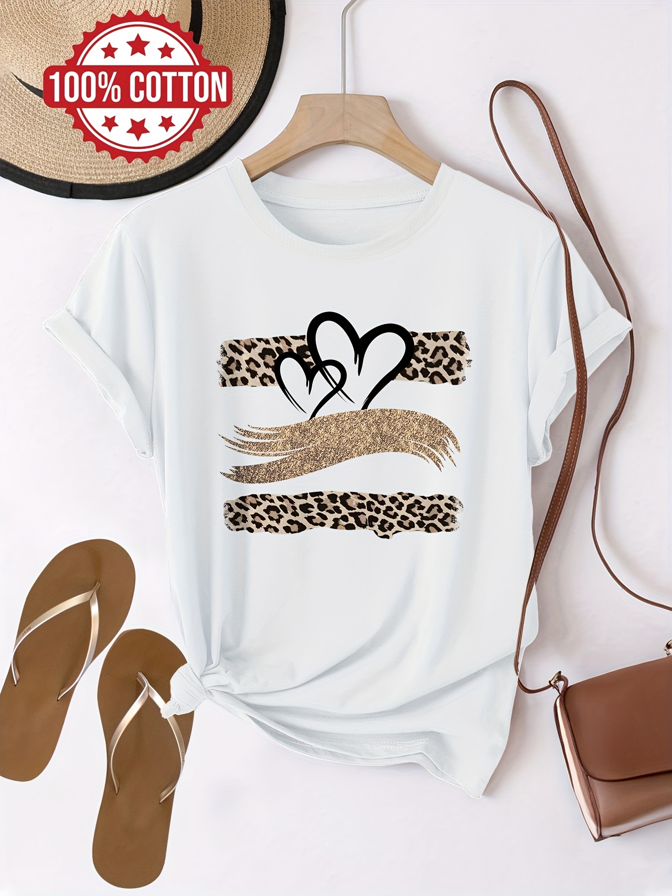 Women'S Casual Leopard Print T-Shirt with Heart & Stars Design, Short Sleeve Crew Neck, Brown & Black Animal Print, Perfect for Summer Outfits, Casual Summer Wear | Playful Print Tee | Smooth Texture Shirt