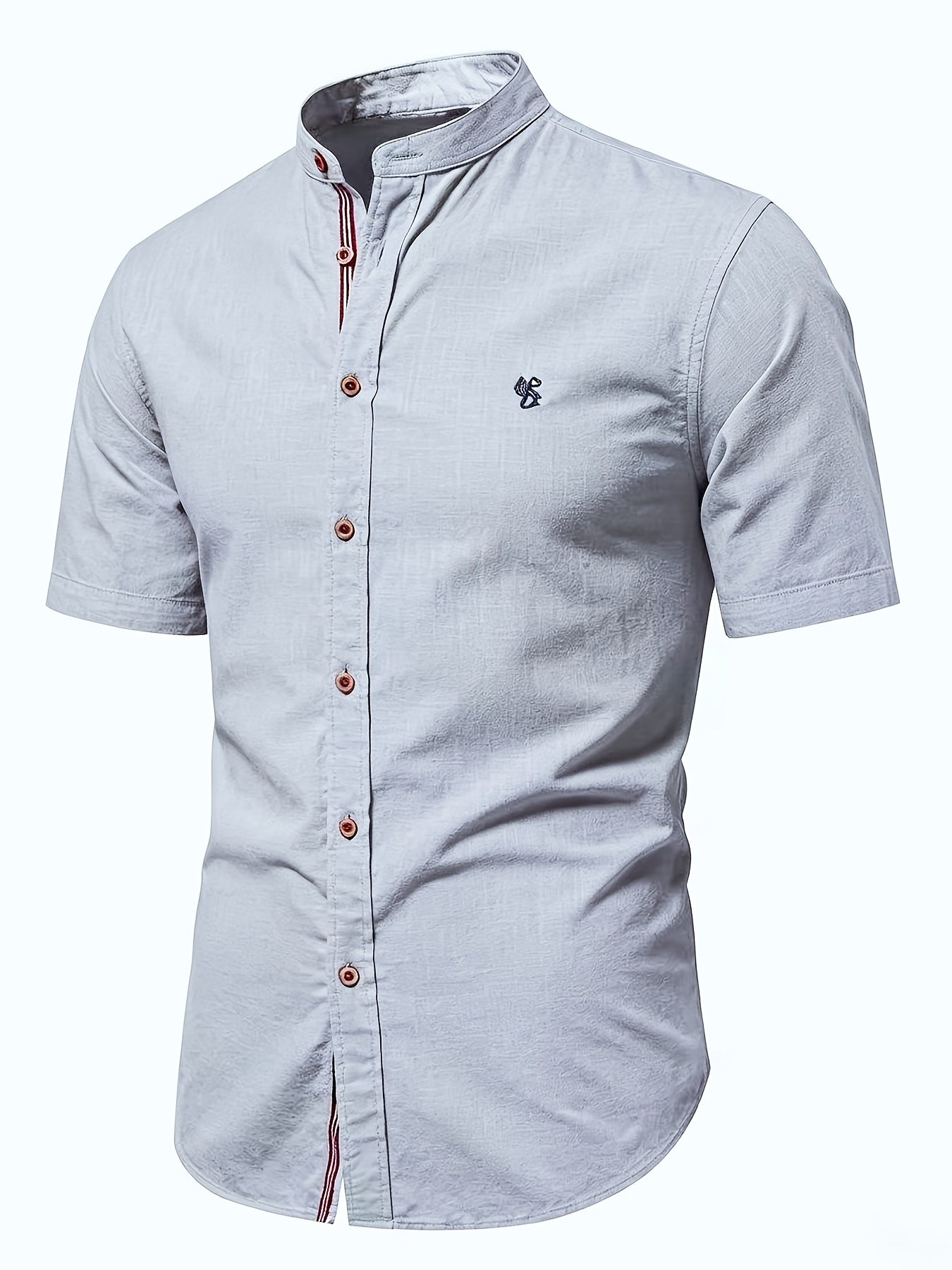 Grey Color Men’S Stand-Up Collar Short Sleeve Shirt, High-Quality Solid Color Business Casual Top, Suitable for Spring Summer