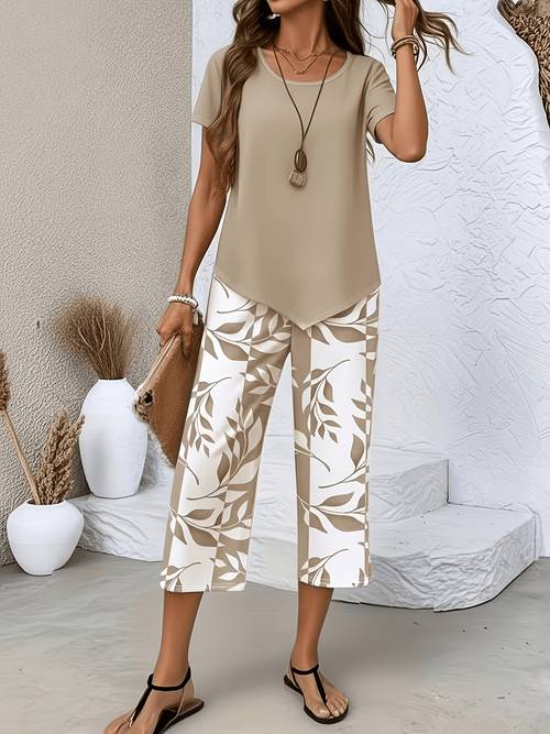 womens 2pcs set summer elegant casual vacation short sleeve t shirt top and capri pants outfit