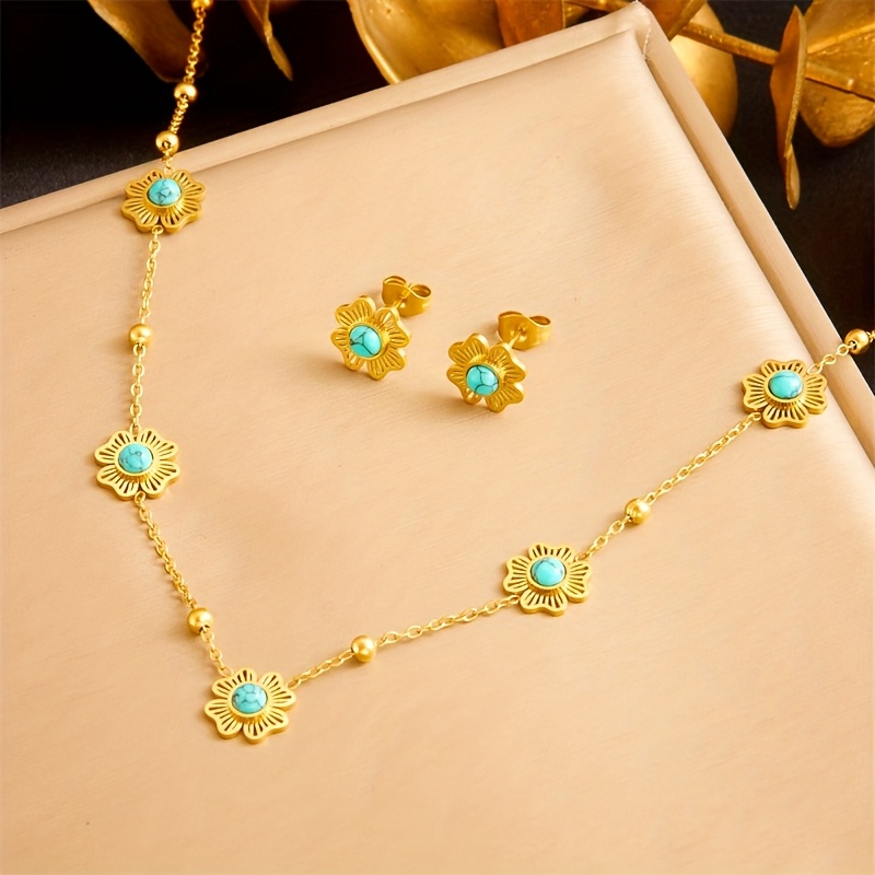 TEMU 1 Set Vintage Classic Stainless Steel Jewelry, Turquoise Inlaid , Necklace And Earrings, Gift For Women, Party Accessory