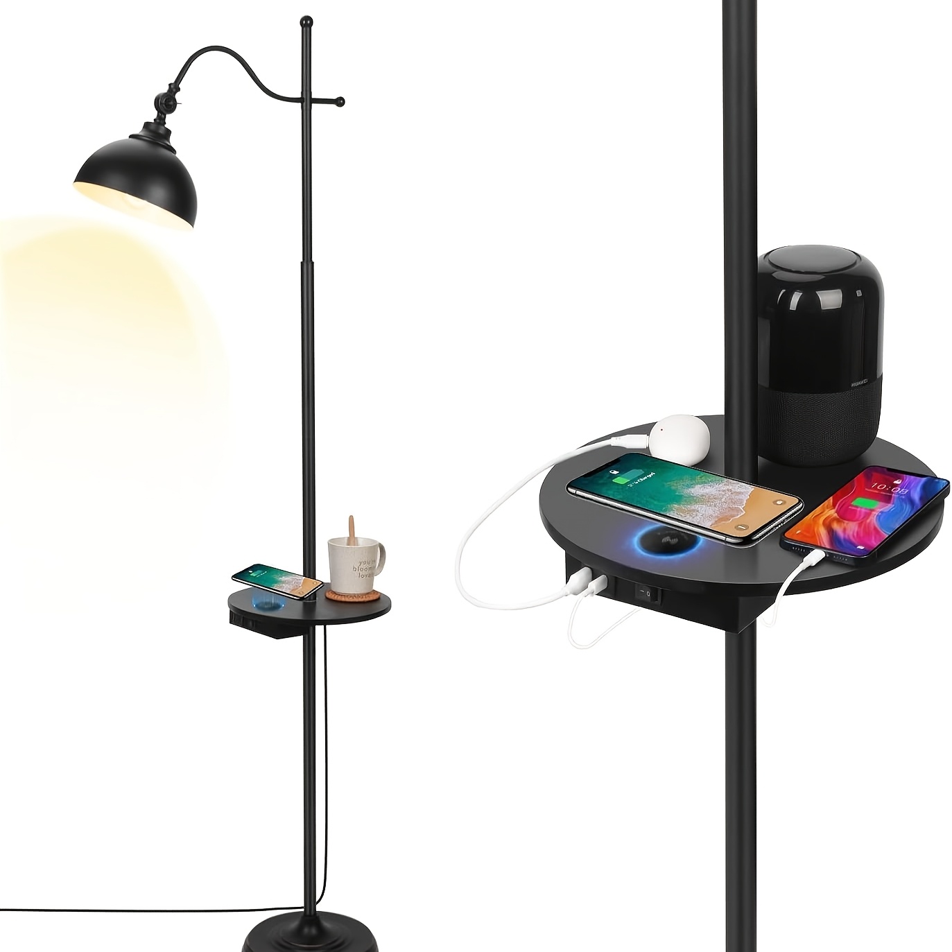 Image of Floor Lamp Living Room Black Industrial Style, Metal Floor Lamp With Shelf, 2 Usb Ports, Floor Lamps For Study, Living Room, Office, Bedroom