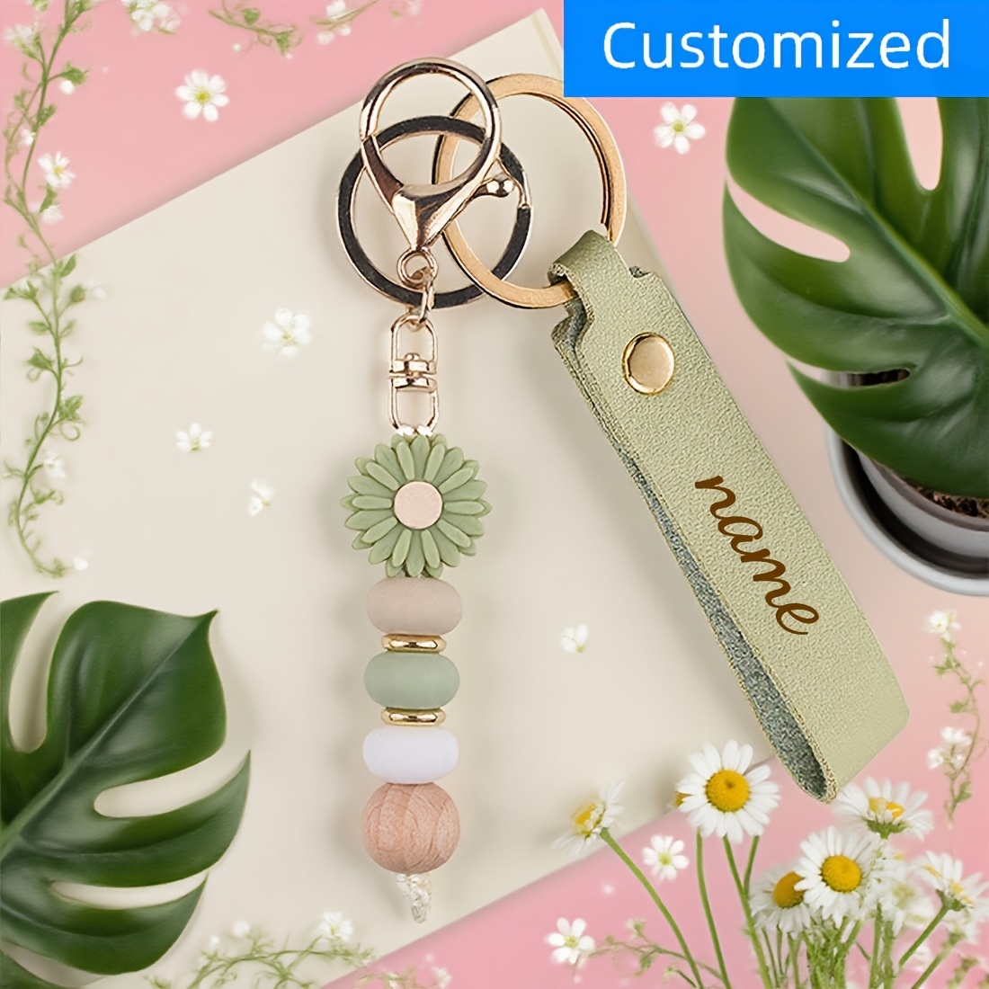 E-shop Personalisierter Schlüsselanhänger mit Gänseblümchen-Perlen, personalisiertes Schriftzug-Design, Namensschlüsselanhänger, handgefertigtes