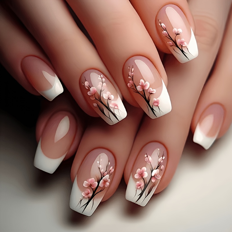 TEMU Upgrade Your Look: 24pcs Press-on Nail Set With White- Pink Cherry Design, Versatile And Elegant, Effect, Detachable Fake Nails For Nail