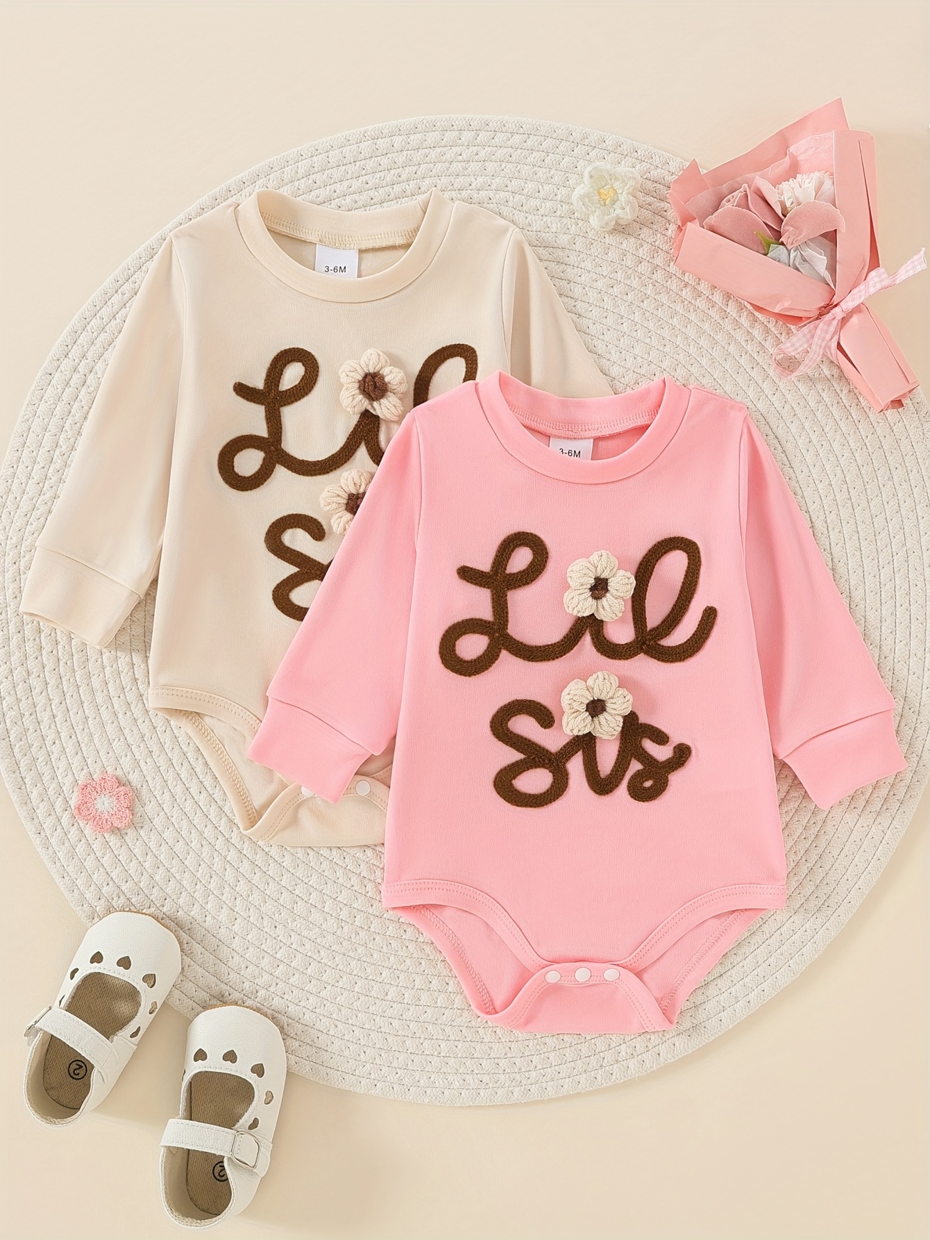 2pcs cute floral embroidered long sleeve bodysuits for baby girls soft polyester round neck   casual wear with   design pink beige outfit   outfit floral embroidery polyester bodysuits for outdoor mixed color 0