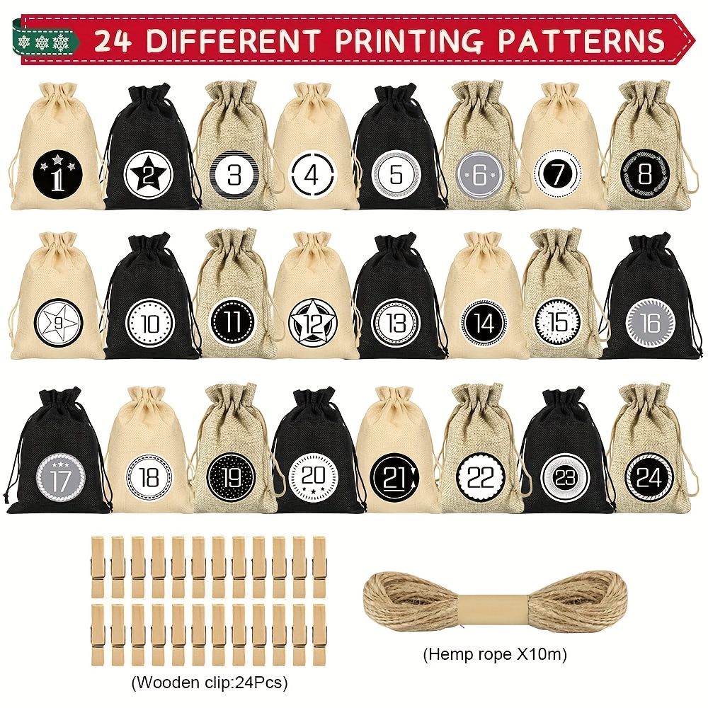 Image of Countdown Calendar Bag Filling, 24pcs Christmas Holiday Advent Calendar Fabric Bags, 24pcs Stickers And 24pcs Wooden Clips For Advent Calendar Bags, Reusable, Christmas Holiday Advent Jute Bags 2025