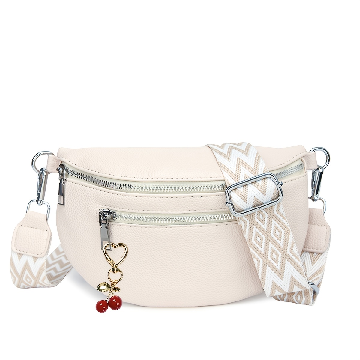Image of Women's Waist Pack Chest Bag, Cute Colorful Shoulder Bag Crossbody Bag, Bohemian Style Contrast Wide Strap With Cherry Pendant, Suitable For Women' Or Sports Running