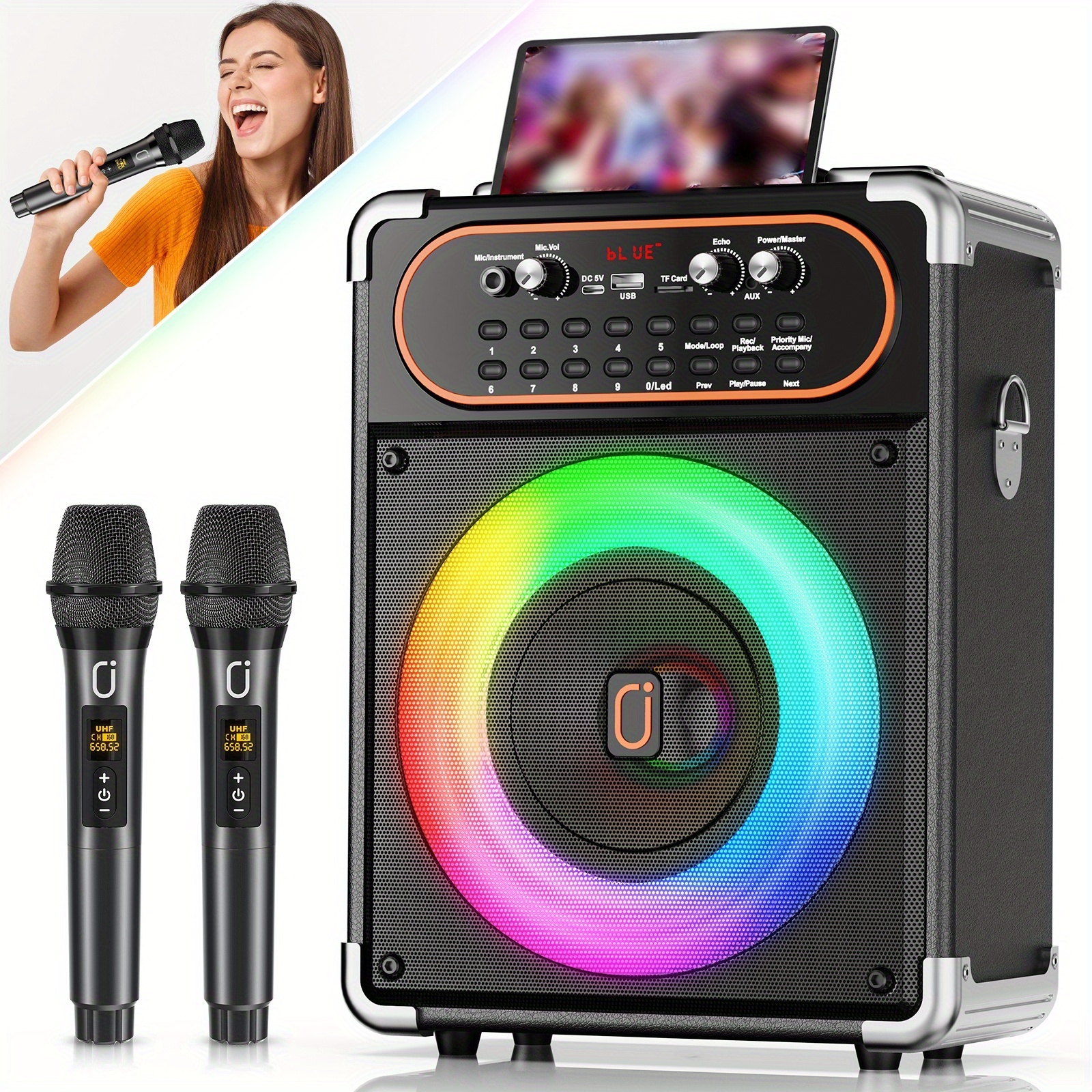 TEMU Portable Wireless Pa Speaker With 2 Karaoke Microphones, , , Support Usb/tf Card/aux In, For Halloween, Birthday, Christmas