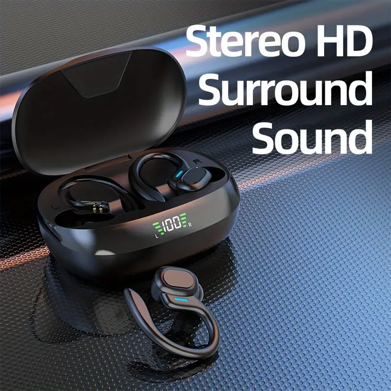 wireless running earbuds with earhooks noise cancelling headphones for sports dual led display pure bass sound built in microphone details 5