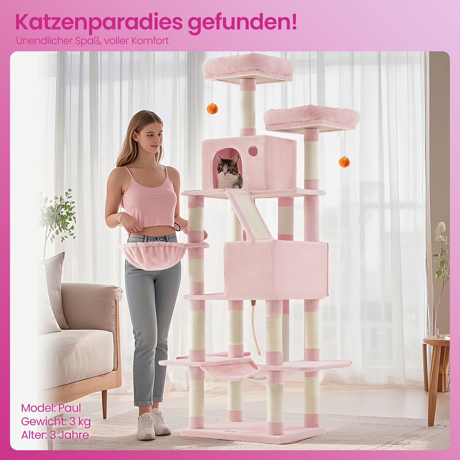 E-shop Ein 206 cm hohes Katzenbaum mit 13 Kratzstämmen, 2 Plattformen, 2 , einem Korb, einer Hängematte, Plüschbällen, in Rauchgrau