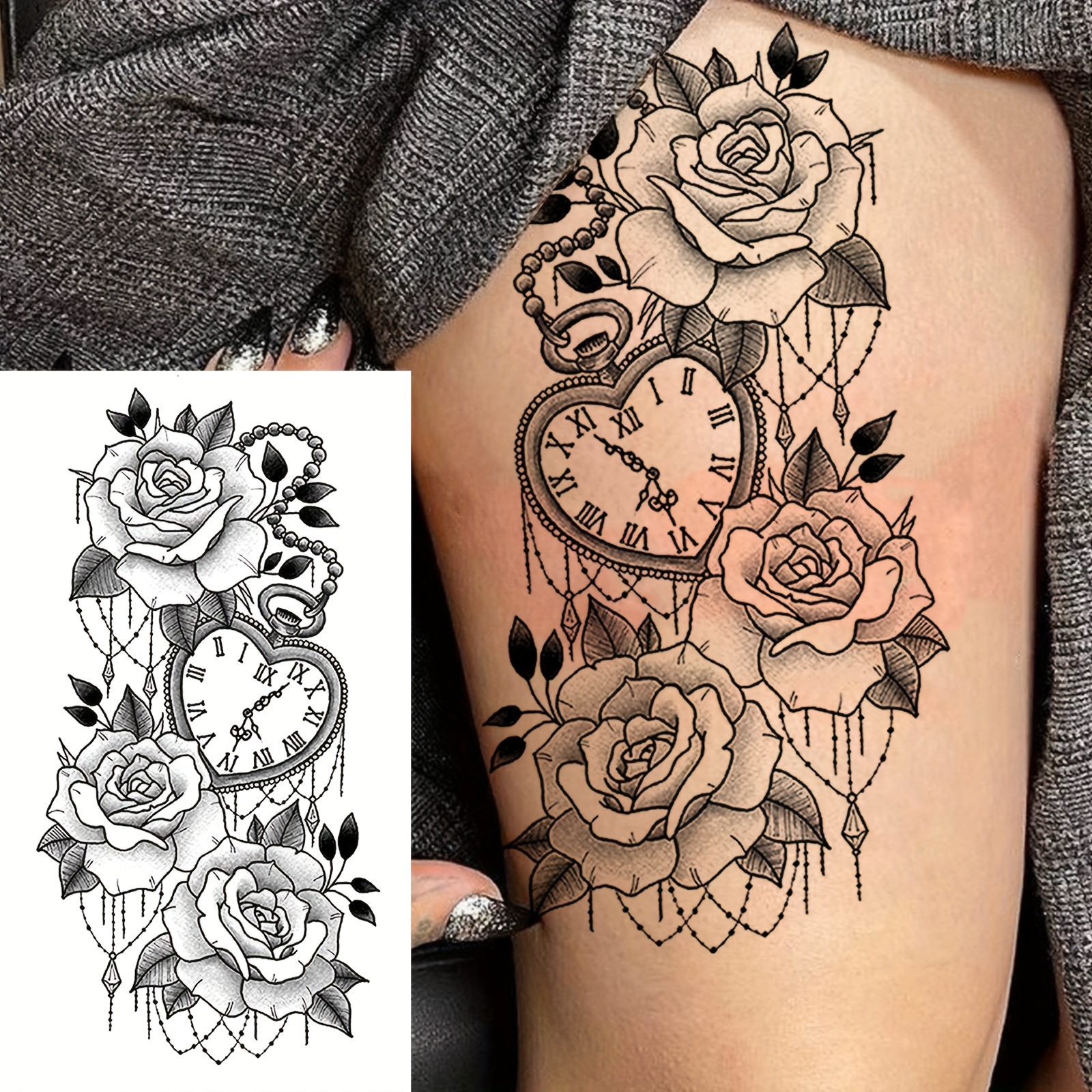 elegant rose clock temporary tattoo sticker black white Temu