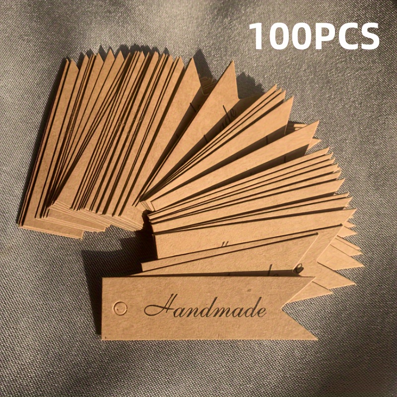 

100pcs Handmade Kraft Paper Tags, Rectangular Banner Fish Tail Design With "handmade" Script For Diy Gifts, Baking, Crafts, Festive Occasions And Candle Decorations - Khaki Paper Gift Wrap Labels