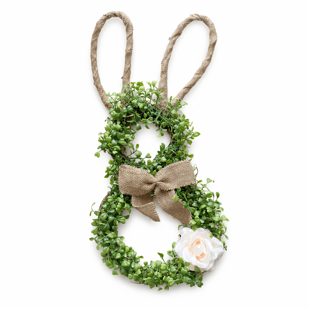 Image of 1pc Spring Summer Bunny Ear Faux Greenery Wreath For Front Door, Farmhouse Hanging Door Decor With Burlap Bow, Indoor Outdoor Porch Wall Home Decoration