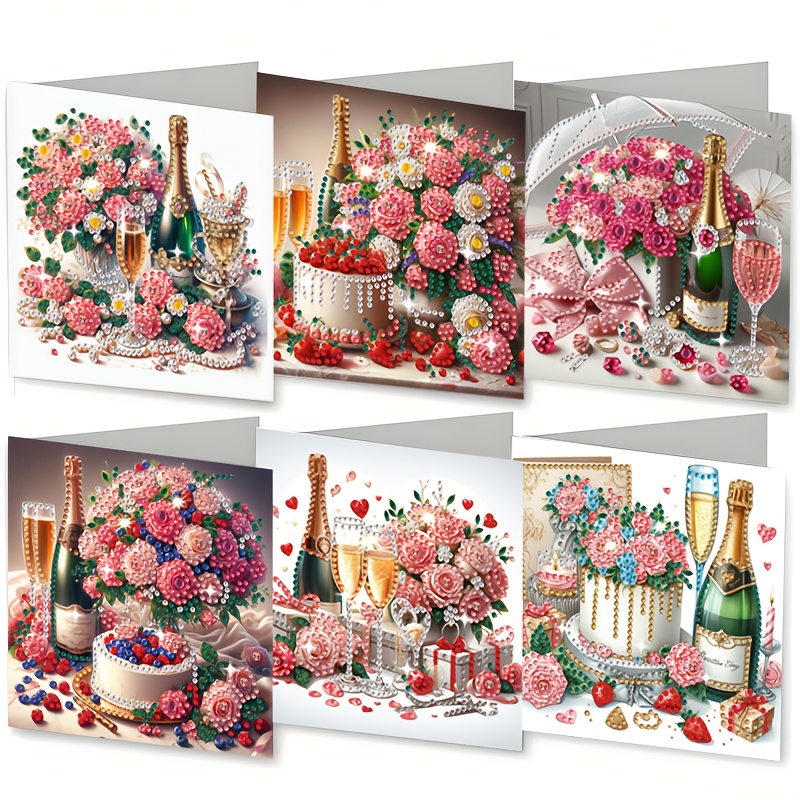 Image of 6pcs Diamond Painting Birthday Card Kit - Set, -floral And Cake Birthday Greeting Patterns, Special Crystal Drills, Mosaic Postcards, Suitable For Thanksgiving, Birthdays, New Year, And Christmas
