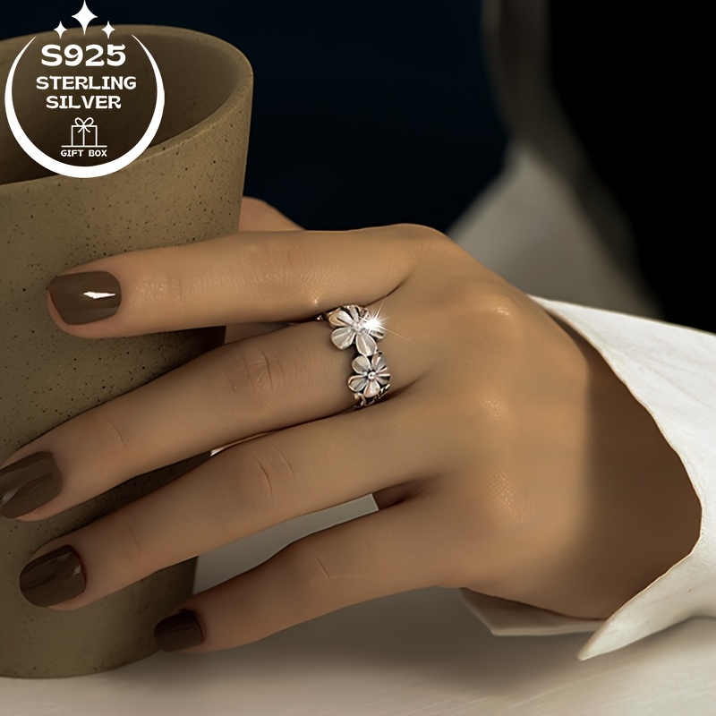 925 Sterling Silvery Creative Flower Adjustable Ring for Women