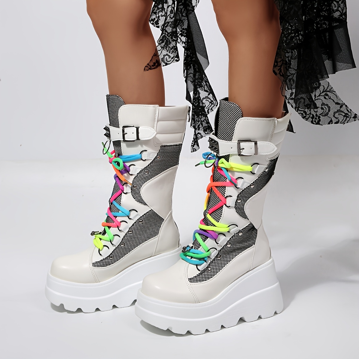 womens y2k punk platform boots black calf combat boots - Temu Cyprus