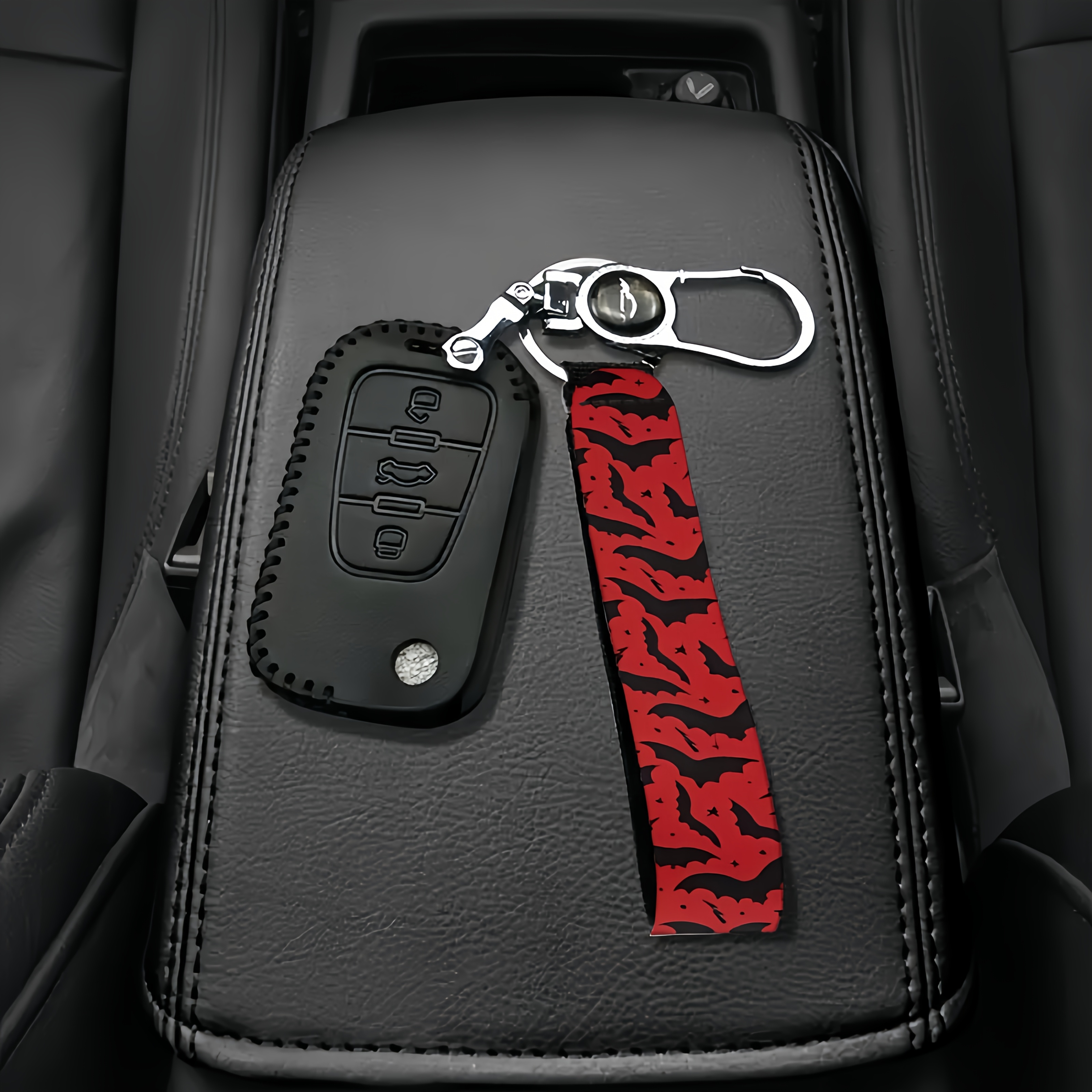 TEMU 1pc Red Background Black Car Keychain, , Suitable For Men And Women - Suitable For Cars, Cameras, Backpacks, Mobile Phones And Christmas Gifts Father's Day Gifts Gifts Halloween Gifts