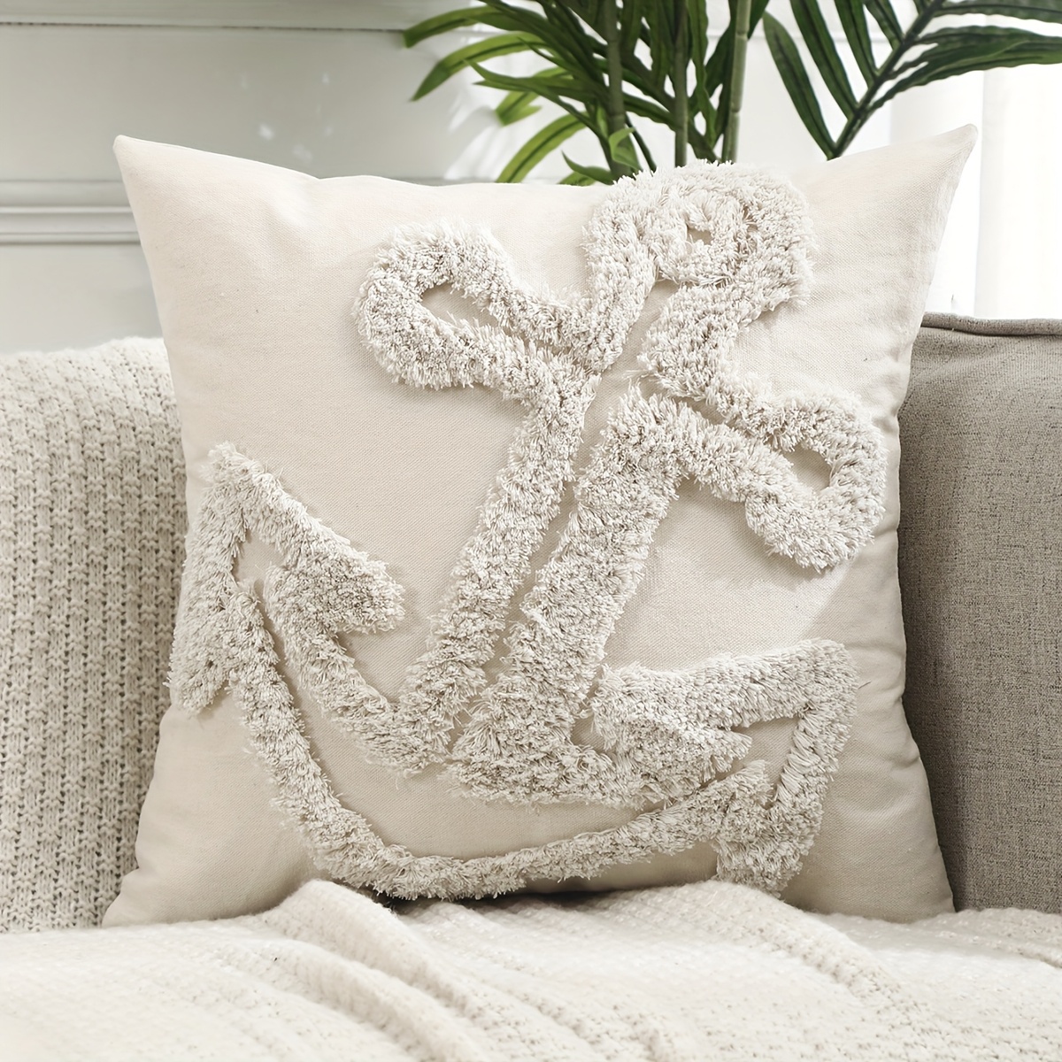1pc Ocean Decor Throw Pillow Cover Summer Starfish Leaves Tufted Room Sofa Decoration Beige