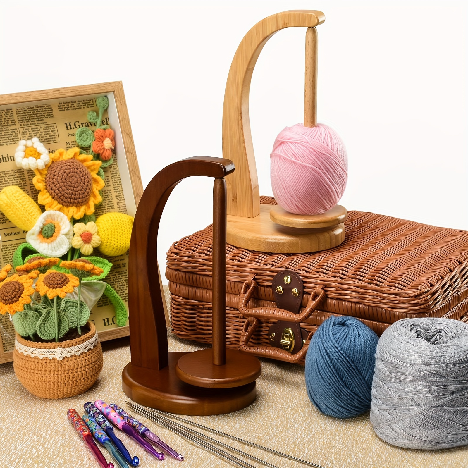 Häkelgarnhalter Aus Holz Mit Handy-Ständer | Garnspinner Für Strick- & Häkelprojekte | Geschenk Für Strick-Liebhaber