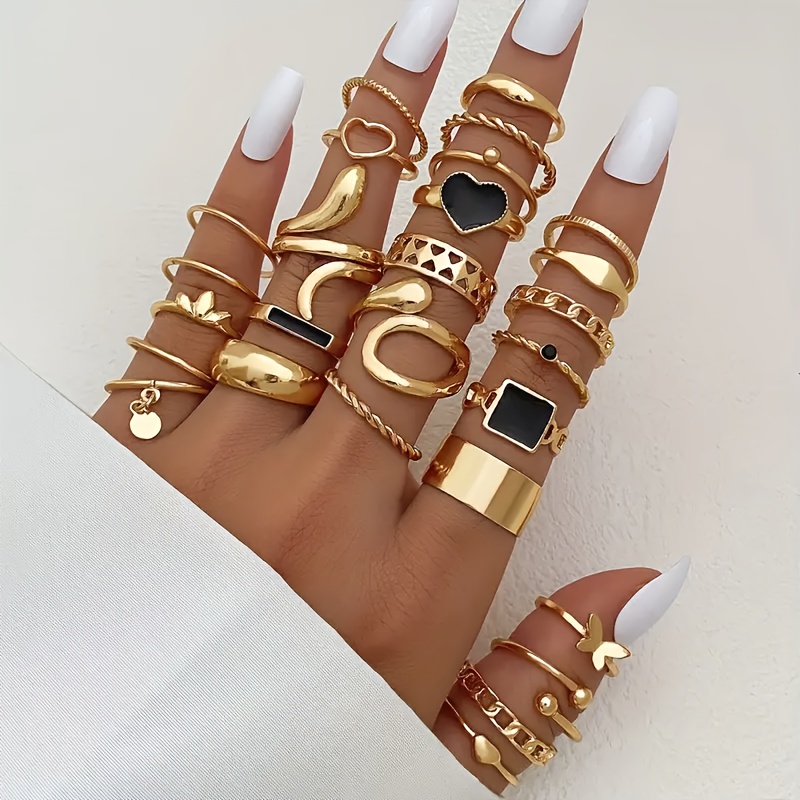 TEMU 27pcs Women's Stacked Ring Set - Bohemian And Retro , Featuring , Snake, Leaf, Square, And Twisted Patterns - Suitable For , Gifting, Parties, And Holiday Gifts