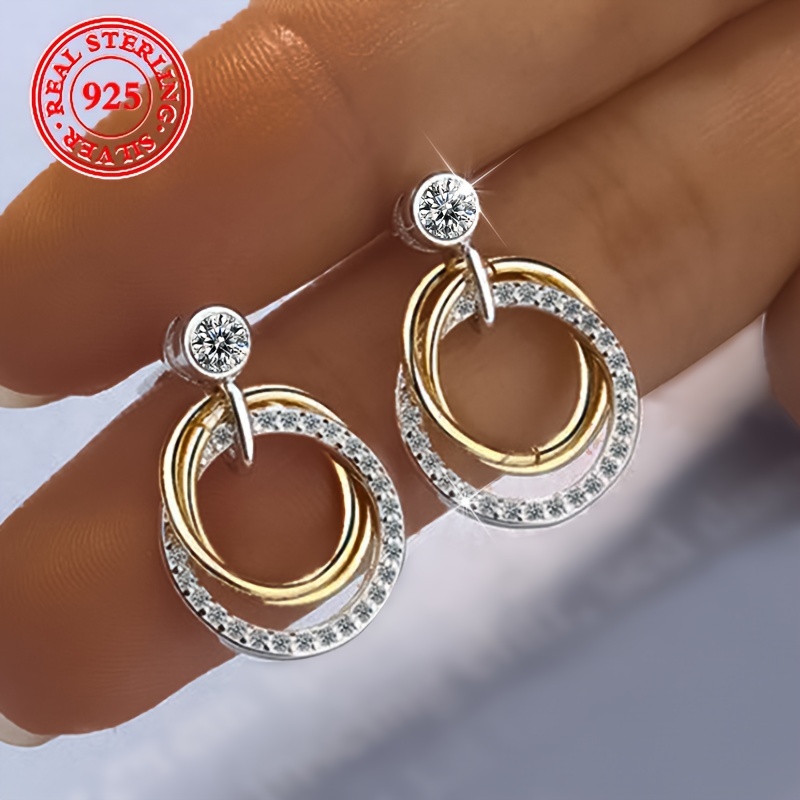 

925 Sterling Silver Delicate Double Ring Circle Women's Stud Earrings Inlaid Zirconia Sparkling Ear Jewelry