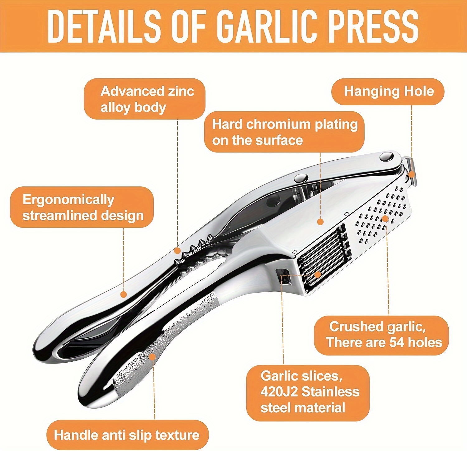 Multifunctional stainless steel garlic press, easy to crush, slice and mince garlic, can open walnuts, this multifunctional kitchen tool - perfect for home cooks and professional cooks
