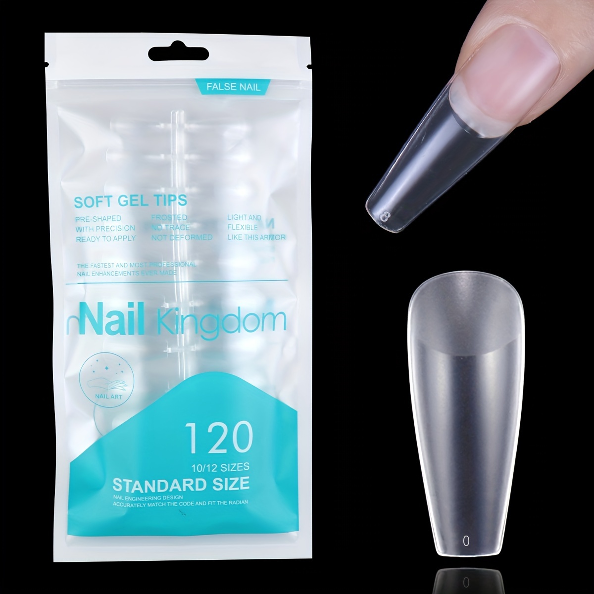 TEMU Faux ongles en gel souple à couverture complète, transparents, en ABS, cercueil, avec boîte