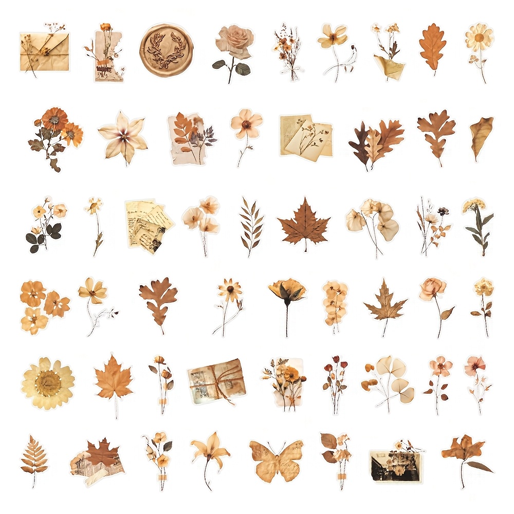 TEMU 50pcs Retro Dried Flower Leaf Stickers, Distressed Style Floral Maple Leaf Plant Pattern Decorative Stickers, Literary Journaling Collage, ,