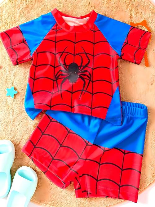 boys swimming party casual outdoor simple spiderweb color block crew neck short sleeve t shirt and shorts set suitable for summer wear