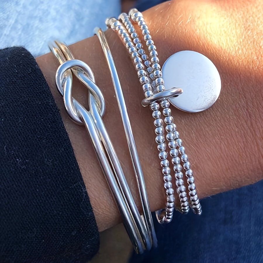 E-shop 3-teiliges modisches, elegantes Damenarmband-Set, offener Armreif, elastisches Perlenarmband-Design, geeignet für Damen, , Urlaub, Date, Party,