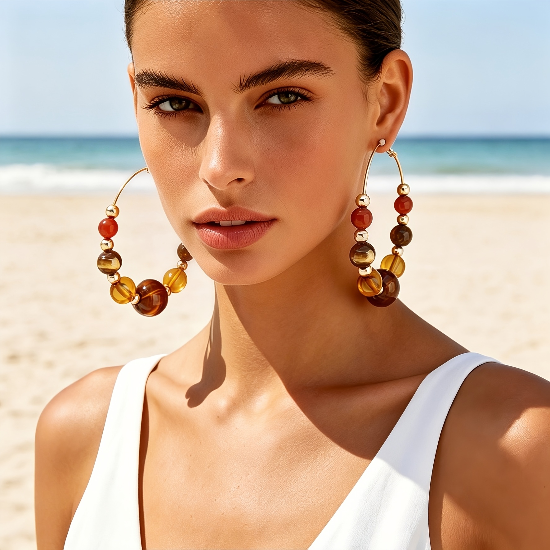 Women's Bohemian Large Round Bead Tassel Hoop Earrings