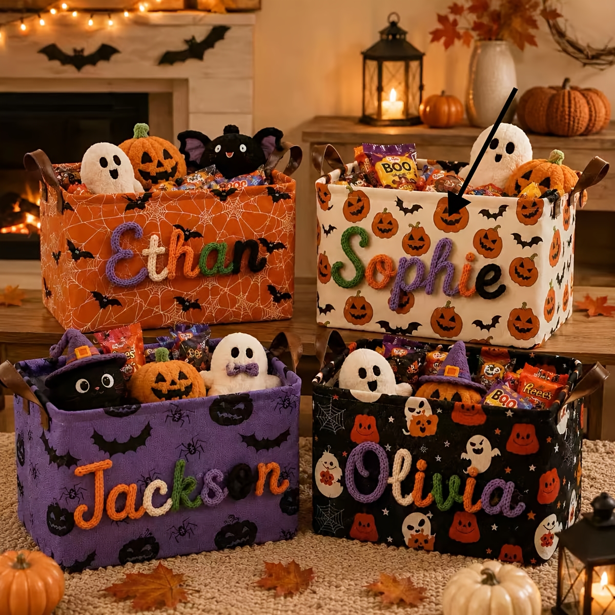 TEMU Custom Name Embroidered Halloween Storage Basket, Personalized Name Candy Storage Bin, Decorative Box With Pumpkin Ghost , Storage Box With