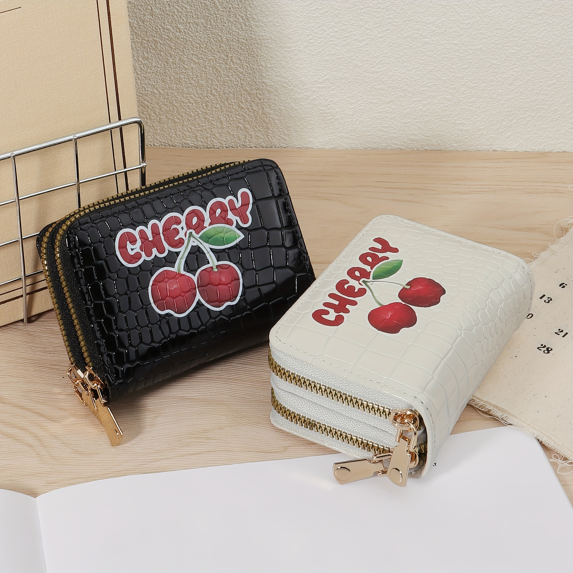 

New Cute Cherry Print Wallet With Zipper Around, Simple Credit Card Holder With Multiple Card Slots, Multi Functional Wallet