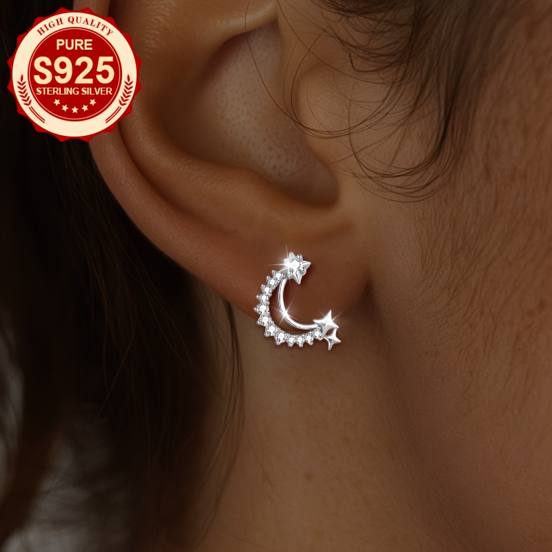 Women's S925 Silver Half-Circle Stud Earrings with Zirconia
