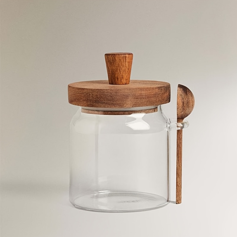 E-shop JAR KINGDOM 15Oz 400Ml 600Ml Acacia Holz Deckel Transparente Runde Glas Vorratsdose mit Acacia Holz Löffel, Haushalts Lebensmittel