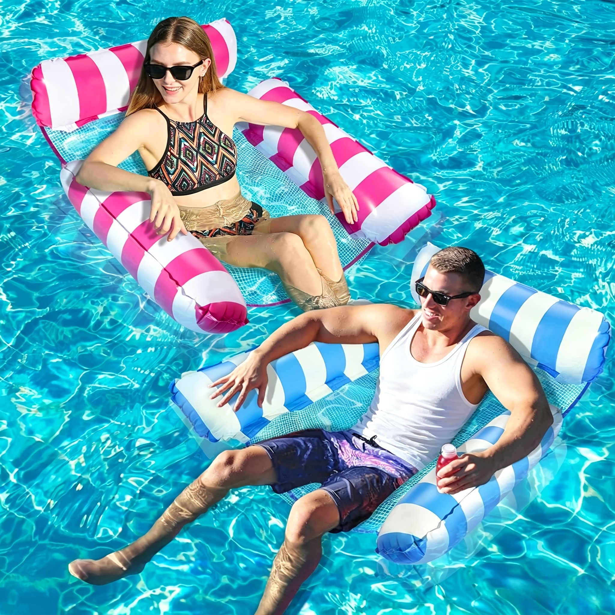 aufblasbare wasserhängematte pool-schwimmbox mit luftpumpe in zufälliger farbe, schwimmendes floß mit rosa-blau-weißen streifen netzunterseite, tragbare faltbare schwimmboxen für erwachsene für sommer, pool, strand, see, gartenpool-party im freien