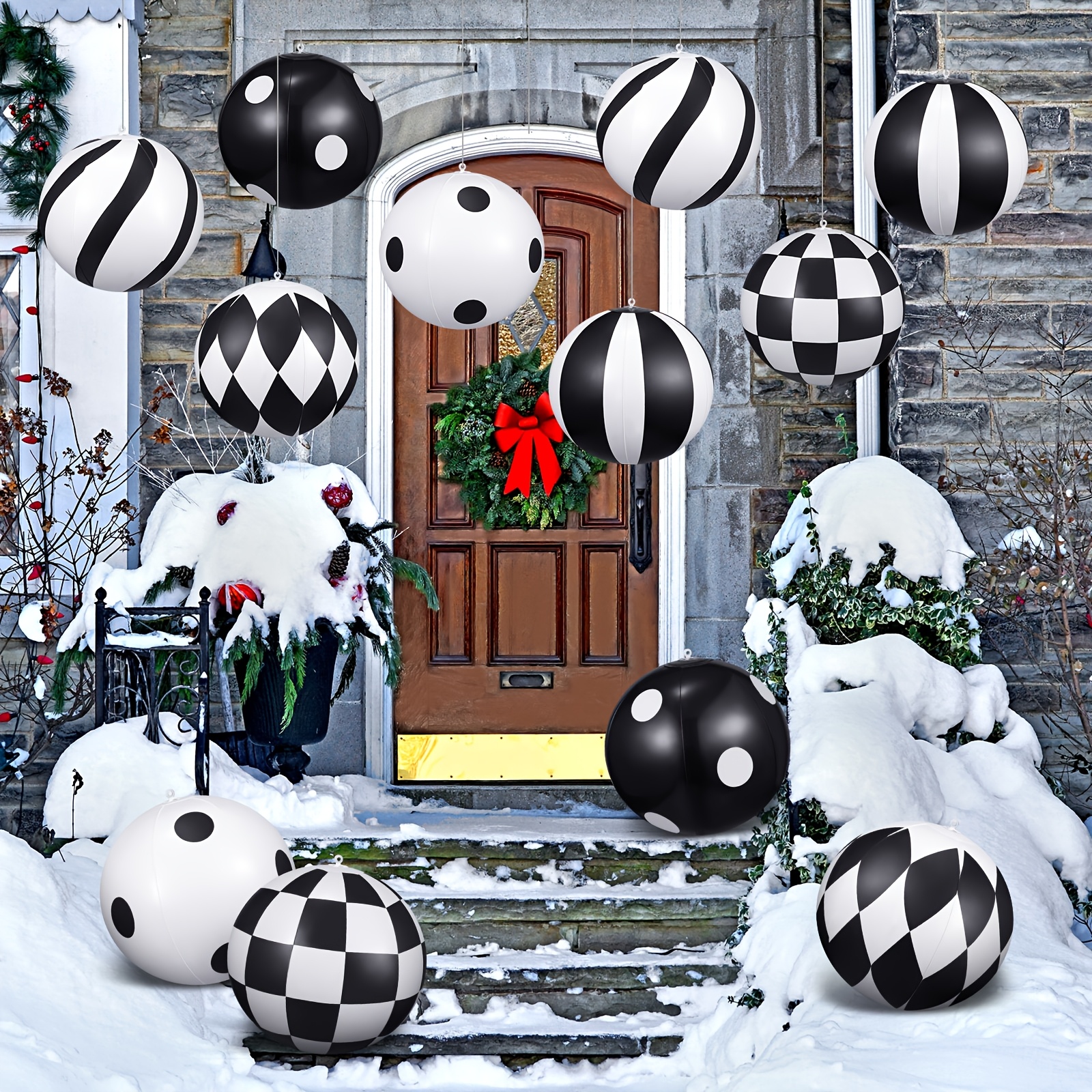 

12pcs Black & White Checkered Christmas Inflatable Ornaments Set - 16" Pvc, Outdoor Decoration, Front Door, Yard & Tree Display, Inflatable Christmas Decorations