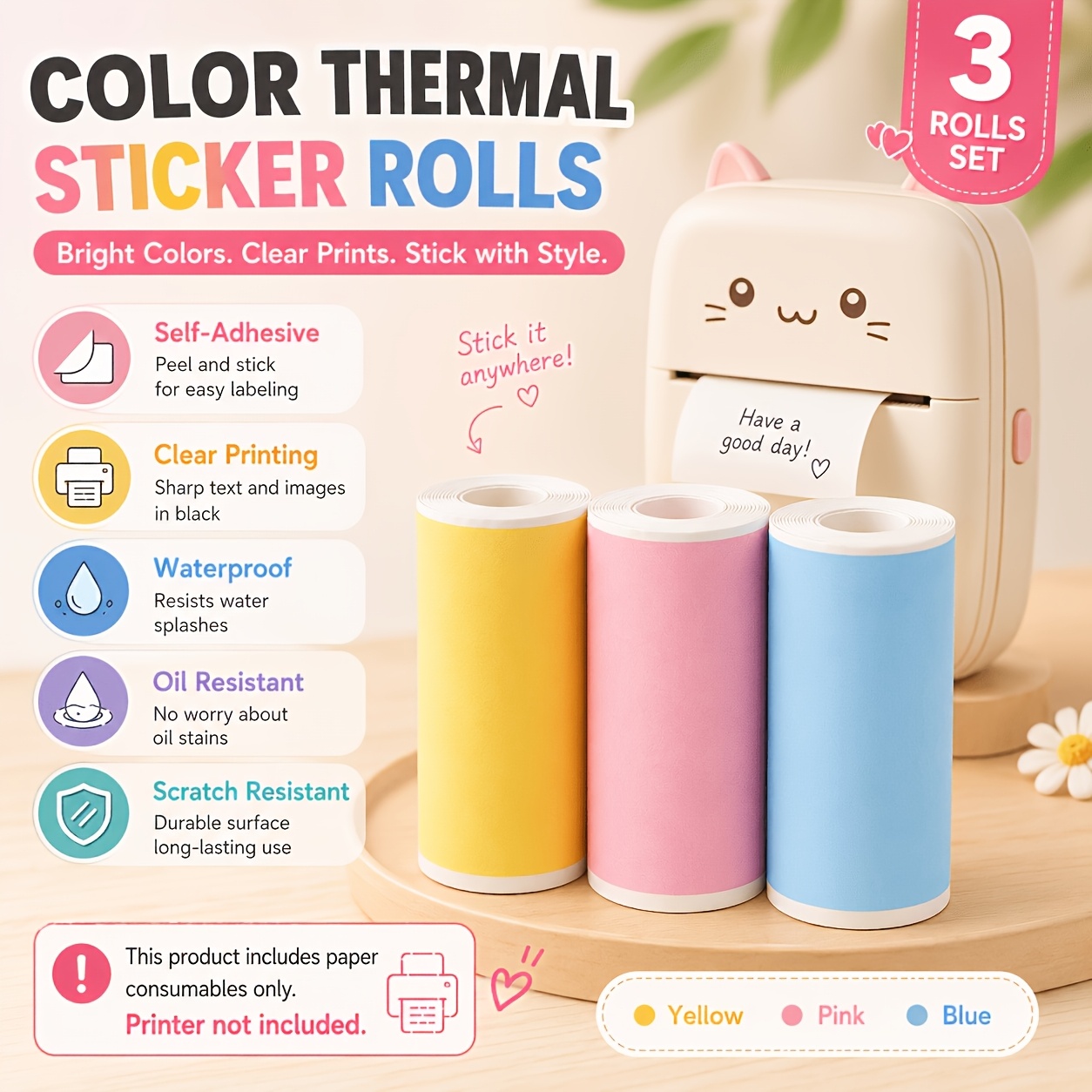 TEMU 3 Rolls Macaron Color Thermal Self-adhesive Stickers, 57 X 25mm Refill Paper For Mini Pocket Thermal Printer, For Notes, Storage Classification,