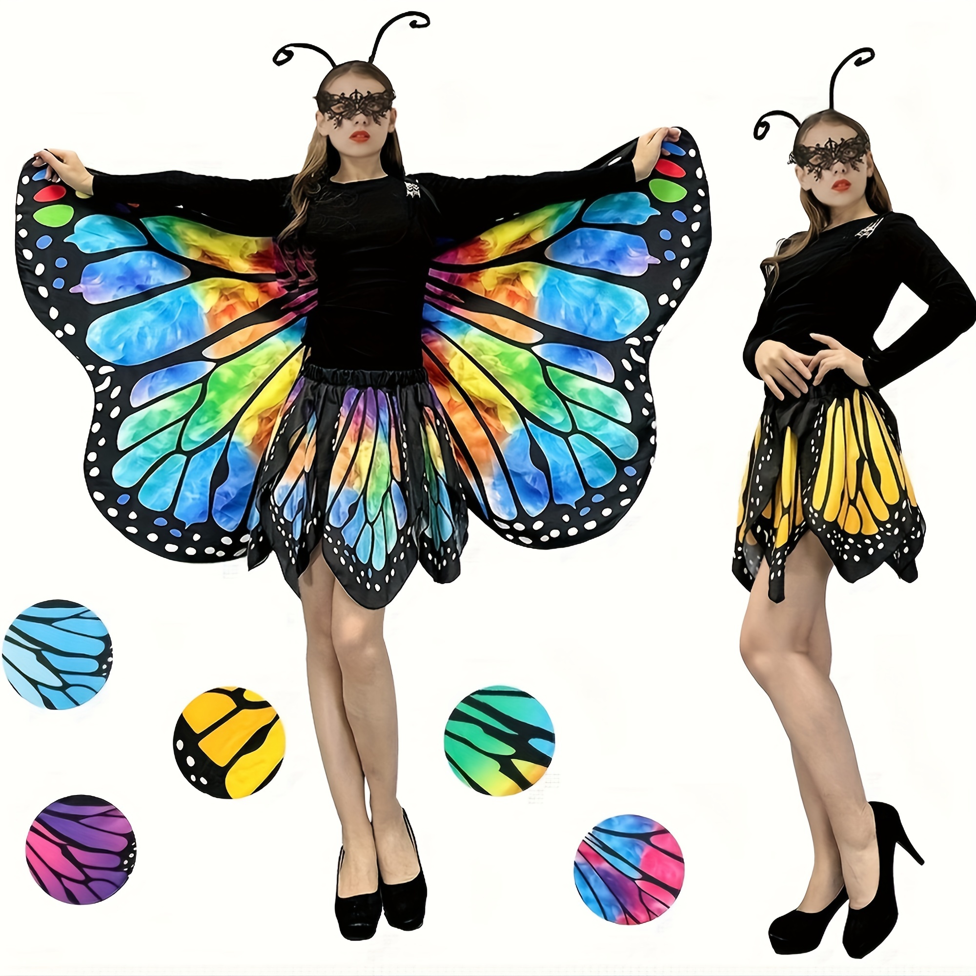 4 stk/sett Kvinners Sommerfuglvinger Kappe + Halvskjørt + Hårbånd + Maske,  Halloween-kostyme Sett, Fe-sommerfuglmotiv Kappe * kjole, Tentakelhårbånd,  Snøringsmaske, Julefestdrakt for Voksne med ..., image size:2000x2000