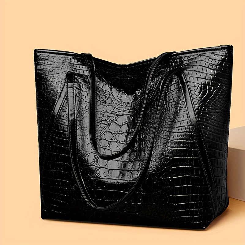 TEMU Women's Crocodile Pattern Pu Tote Bag With Closure And Lining, Fashionable Shoulder Handbag With Large From Baigou Production Area