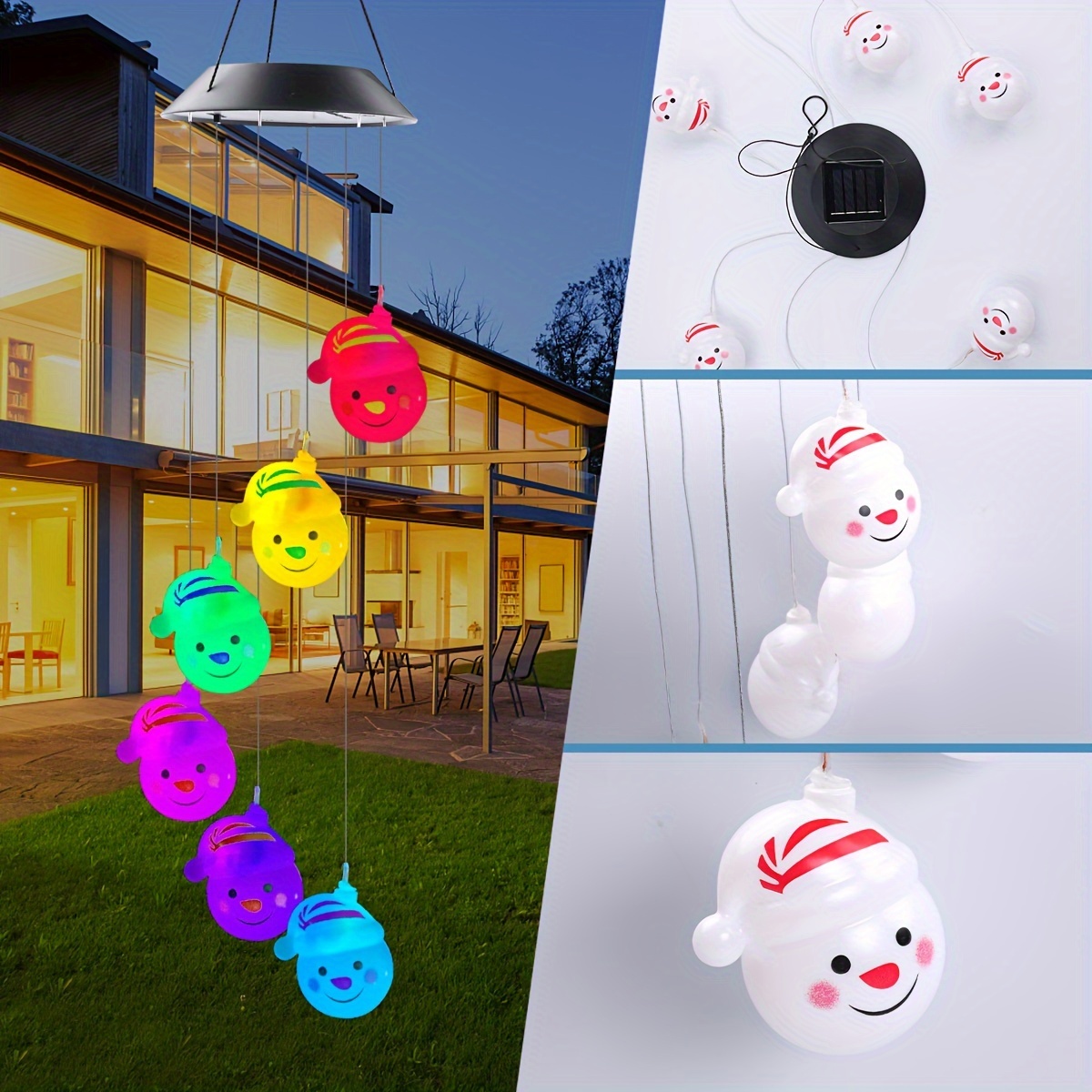 

1pc Solar-powered Snowman Wind Chime Lights, 6 Led White Cap Festive Garden Patio Decor, Multicolor Hanging Chimes For Home Outdoor