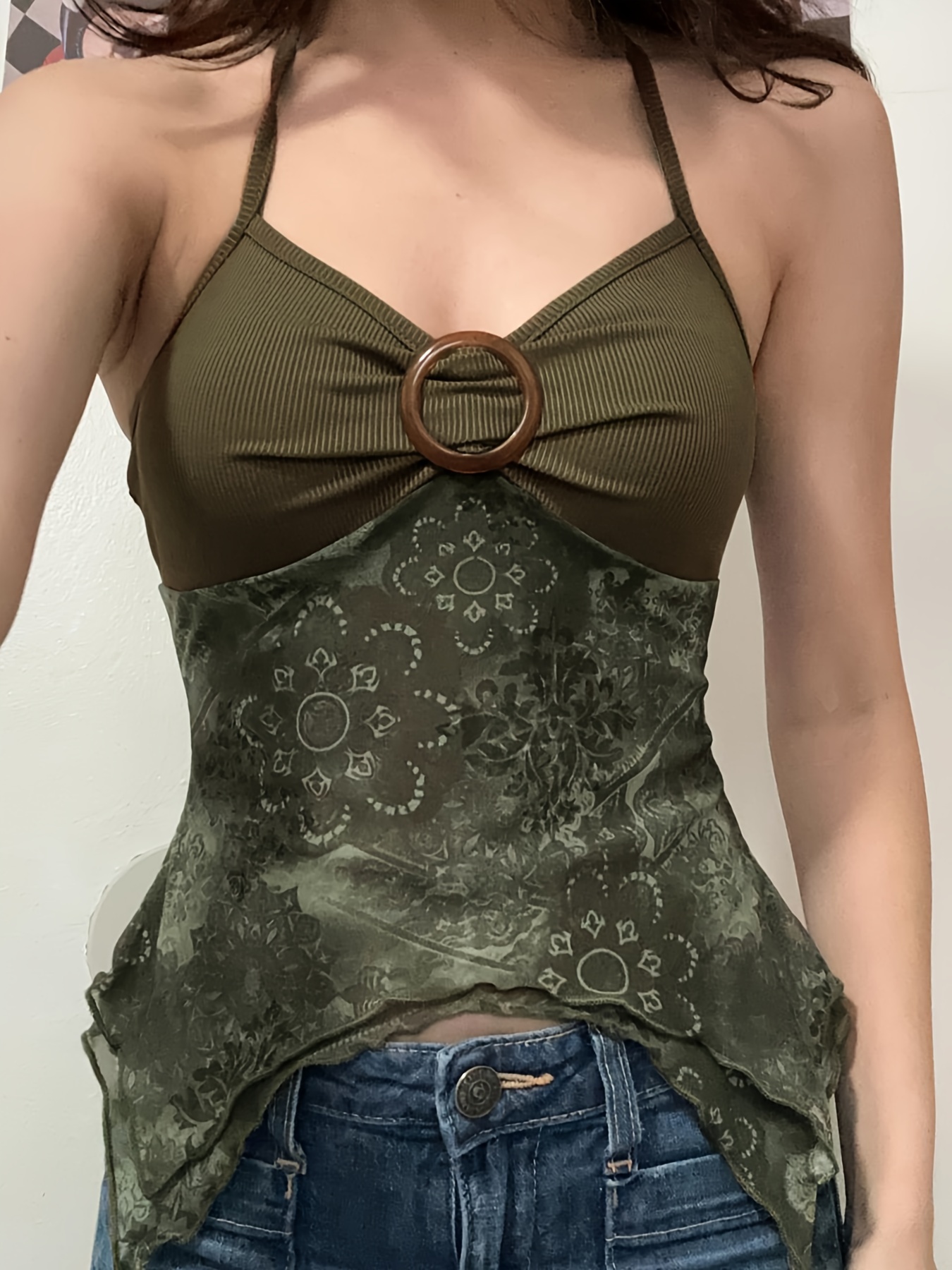 Bohemian Vintage Geometric Print Tassel Asymmetrical Halter Tops