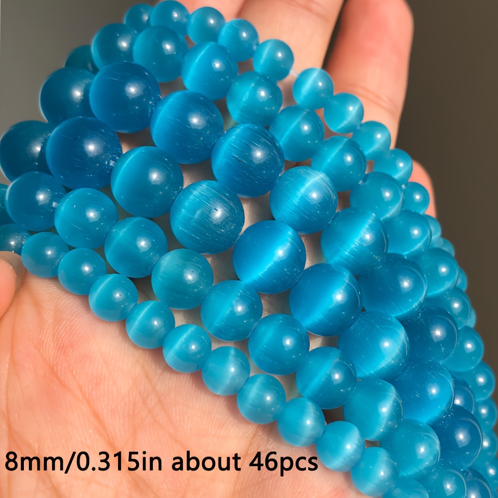 TEMU Blue Cat's Eye Beads, Natural Stone Round Loose Beads For Jewelry Making Diy, Multifunctional For Bracelets Necklaces Earrings, Smooth Finish, Various Quantities (91/61/46/36/28pcs), 4-12mm