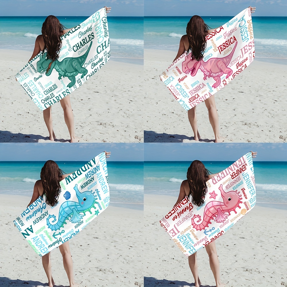 

[customized] 1pc Customized Beach Towel, Personalized Dinosaur And Seahorse Print Towel, Soft Absorbent Bath Towel, Large Summer Sand-proof Beach Blanket, Holiday Gift, Beach Essential