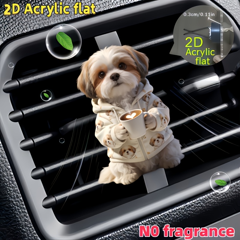 TEMU Décoration de clip de ventilation de voiture Shih Tzu 2D plat, 1 pièce, tenant un café, "Aucun parfum ", avec double coussin d'éponge inodore,