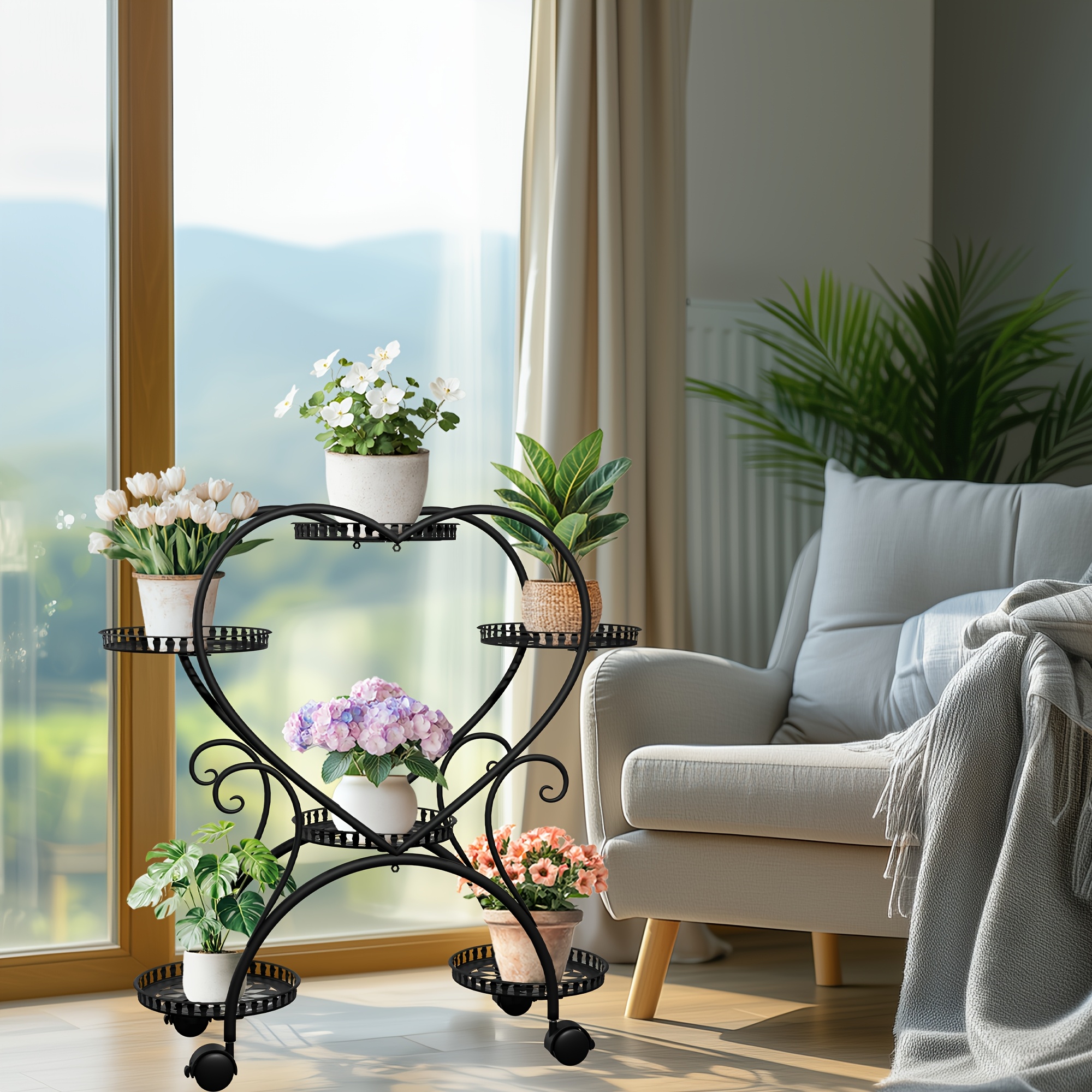 E-shop 3-stufiger 6-behälterischer Hochmetall-Pflanzensockel Herzförmiger Blumenständer Mit Rädern Gartenwagen Display Blumentopf Für Terrasse Garten