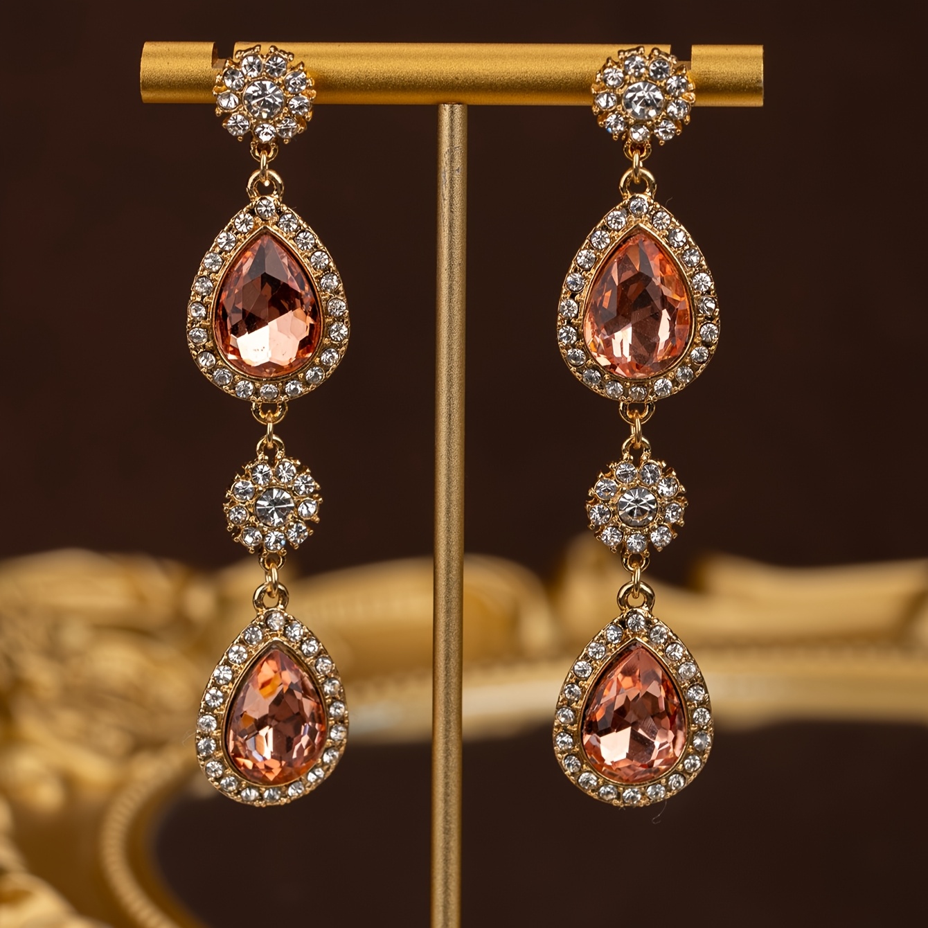 TEMU 1 Pair Of Earrings, Fashionable Vintage Elegant Light Luxury Geometric Teardrop Shape Glass With Shiny Rhinestone Inlay, Intricately Party