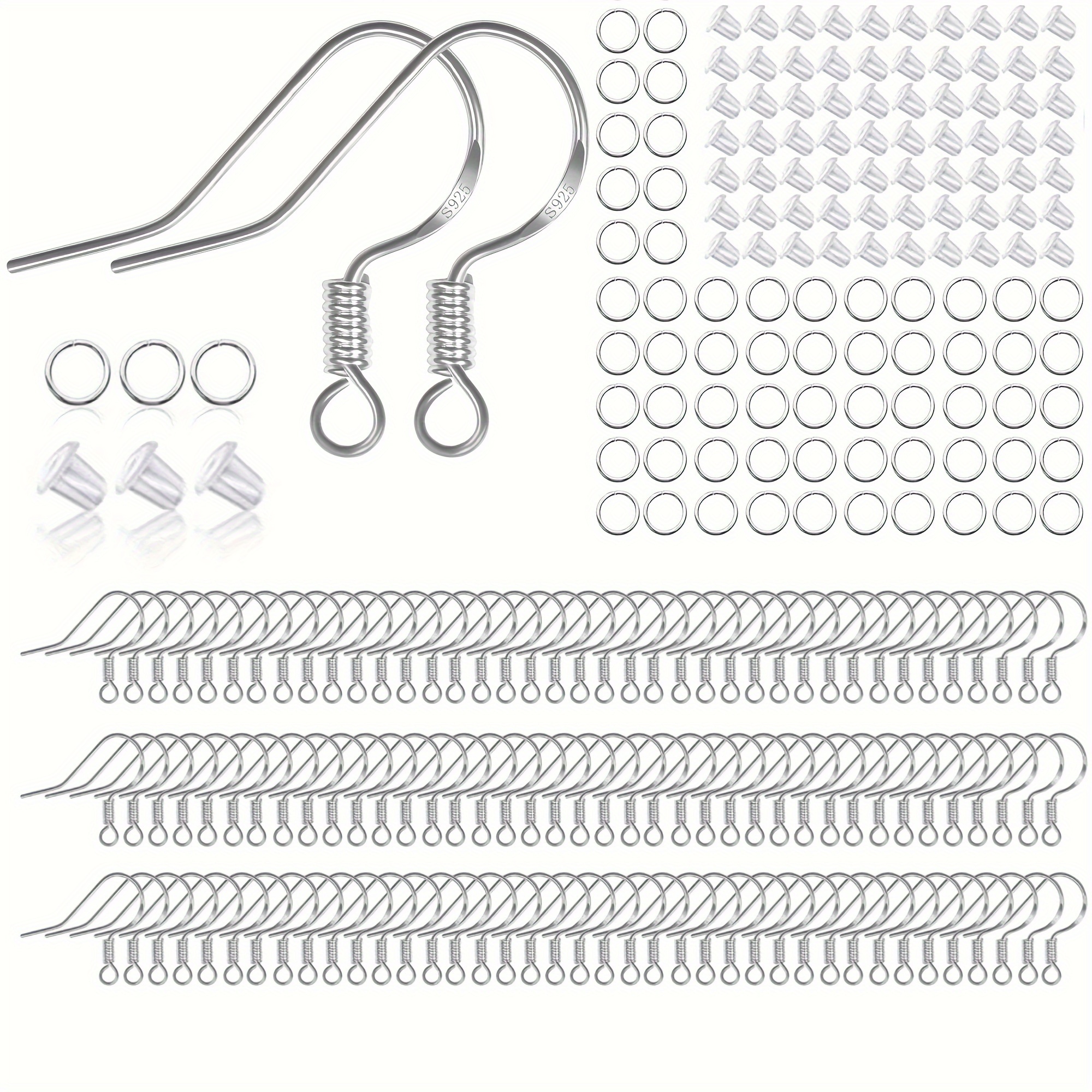 

925 Sterling Silver Earring Hooks 50 Pairs, Jewelry Making Supplies Kit With Jump Rings, 100 Pcs Fish Hook Ear Wires, 200 Rubber Safety Backs Stoppers For Diy Earrings