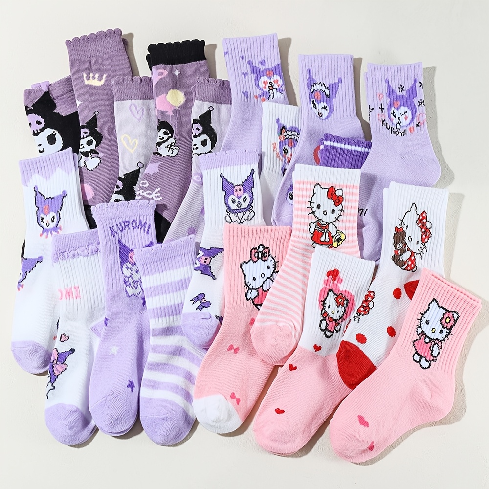 E-shop 10/15/20 Paar Sanrio Kuromi & Hello Kitty Kinder Socken, Offizielle Mädchen Crew Socken, Niedliche Cartoon Charakter Designs, Weiche Bequeme